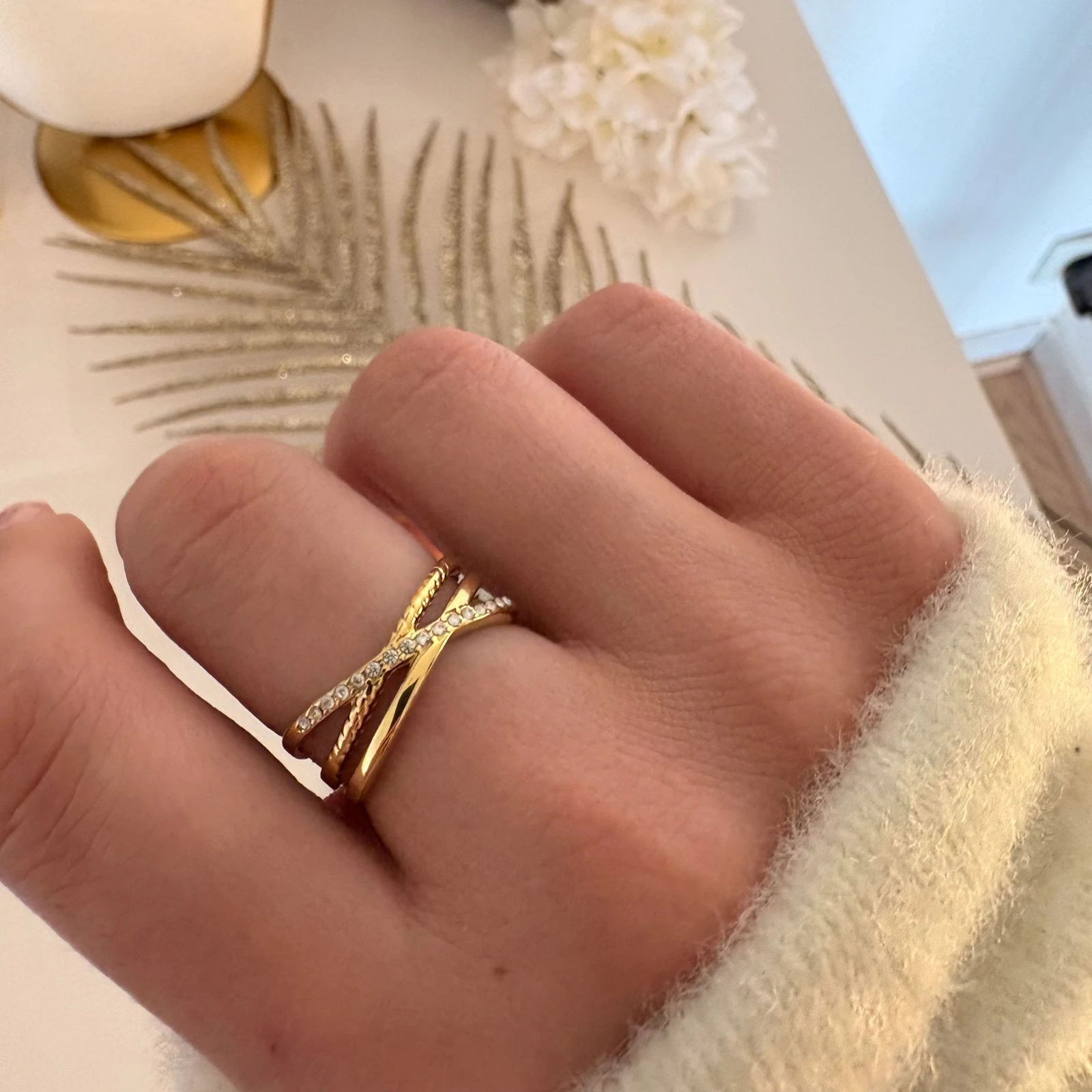 Bague ajustable dorée multirang en acier inoxydable avec zircons